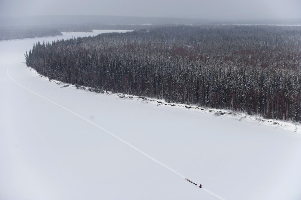 冰雪覆盖的河流：3月7日，艾迪塔罗德雪道狗拉雪橇比赛期间，派特·穆恩（Pat Moon）和他的狗队驶过卡斯科奎姆河（Kuskokwim River）向阿拉斯加的麦克格拉思（McGrath）前进。（马尔克·莱斯特（Marc Lester）/安克雷奇每日新闻/美联社）